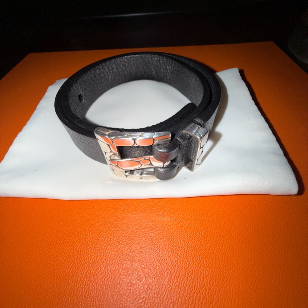 John Hardy Men’s Sterling Silver & Black Leather Bracelet – Pebble Motif Buckle